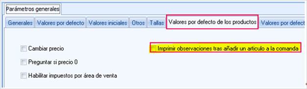 Valores por defecto de los productos