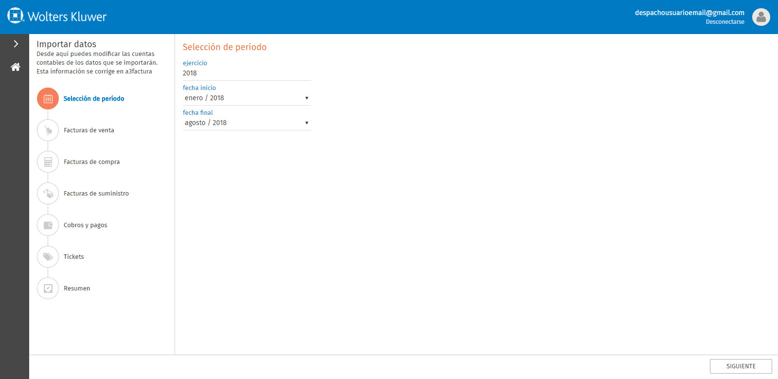 Portal a3factura Importar datos Seleccionar periodo