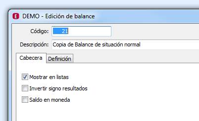 Cabecera edición de balance