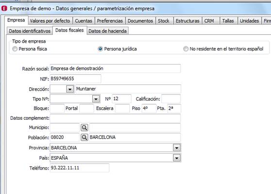 Parametrización de la Empresa: Empresa / Datos fiscales