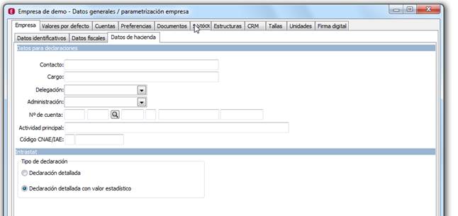 Parametrización de la Empresa: Empresa / Datos hacienda