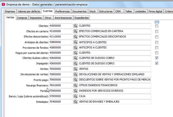 Datos generales / Parametrización empresa / Cuentas / Ventas