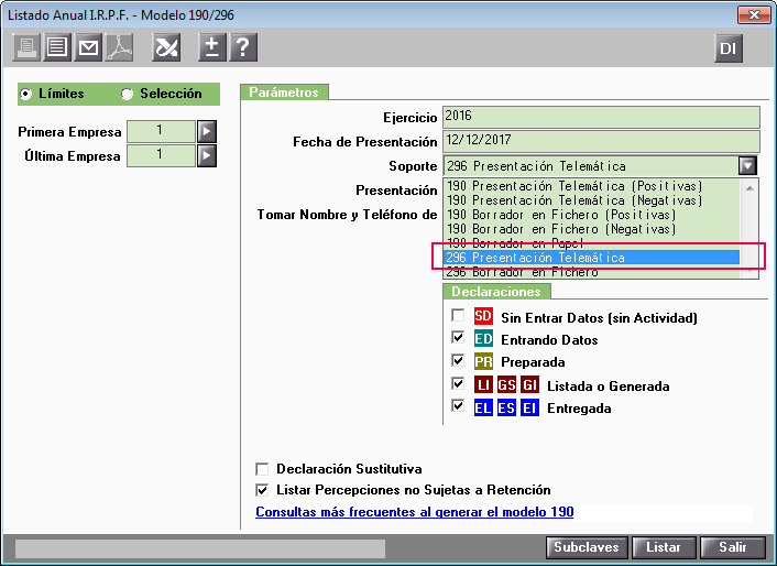 Cómo se genera el modelo 296 en Presentación Telemática
