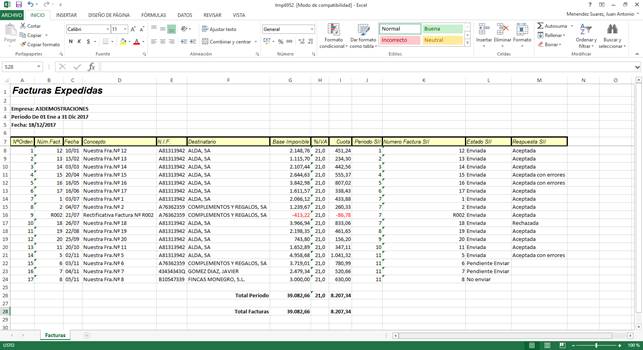 Libro de Registros de Facturas con Datos SII en Excel