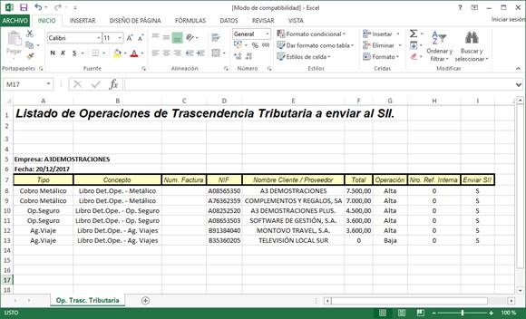 Listado Excel de los registros a enviar al SII de los libros de Otras Operaciones con Trascendencia Tributaria y de Bienes de Inversión en Excel