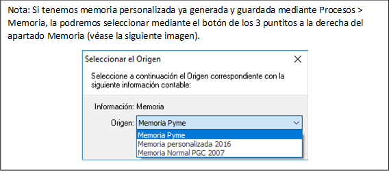 Nota: Si tenemos memoria personalizada ya generada y guardada mediante Procesos > Memoria, la podremos seleccionar mediante el botón de los 3 puntitos a la derecha del apartado Memoria (véase la siguiente imagen). 