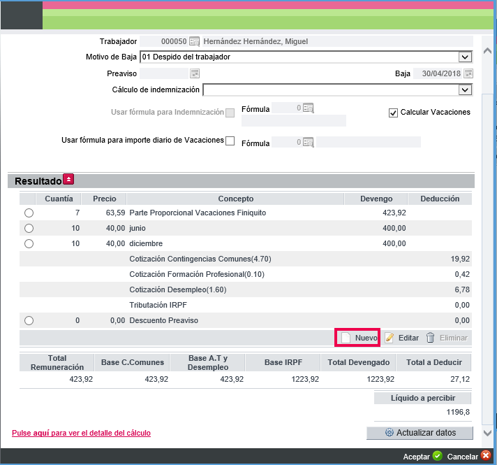 Cómo añadir un concepto de cobro o de descuento en el finiquito