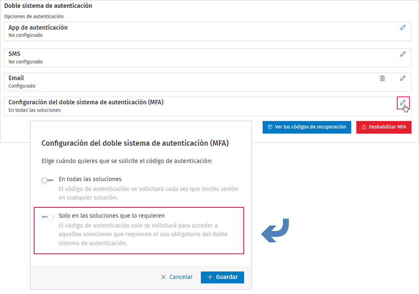 mfa solo en solucion que lo requiere