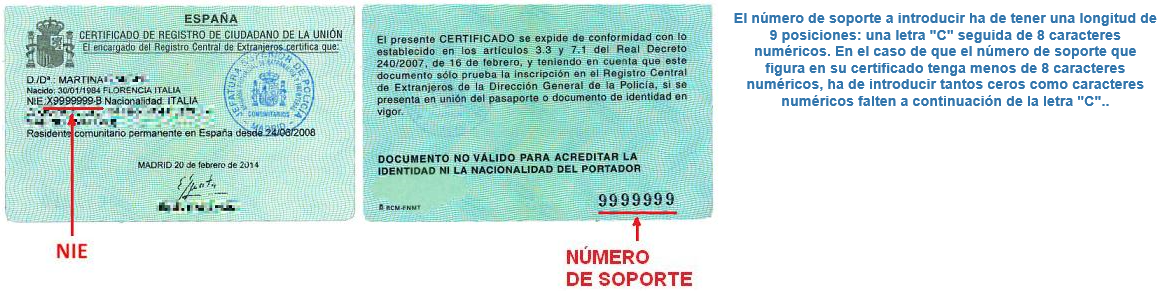 Numero de soporte del certificado de ciudadano de la UE