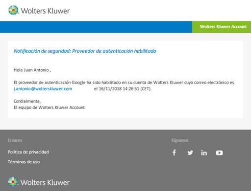 Notificación de seguridad: Proveedor de autenticación habilitado