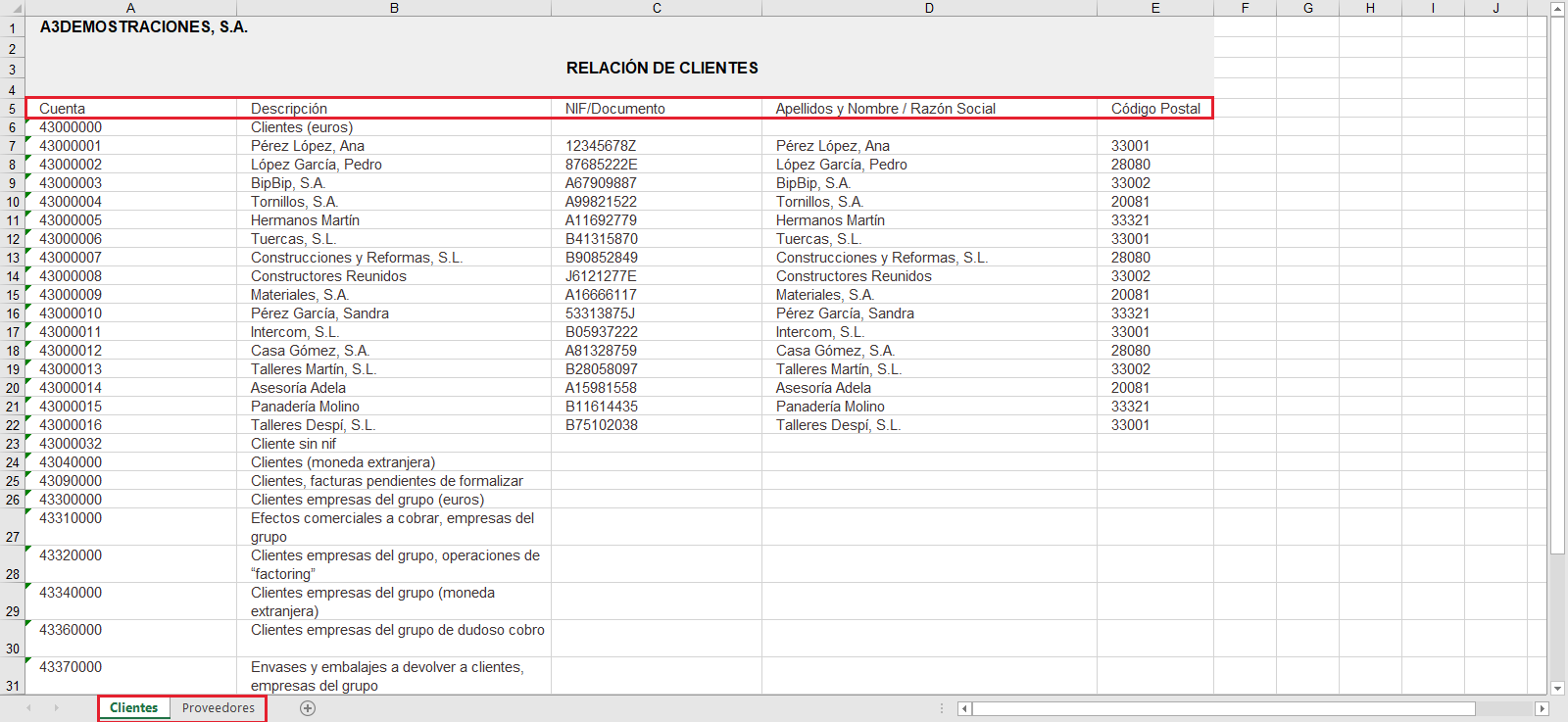 Informes Contabilidad Tipo de informe Datos fiscales en el listado contable del Plan Contable Ejemplo