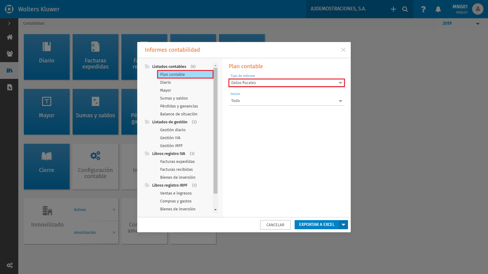 Informes Contabilidad Tipo de informe Datos fiscales en el listado contable del Plan Contable