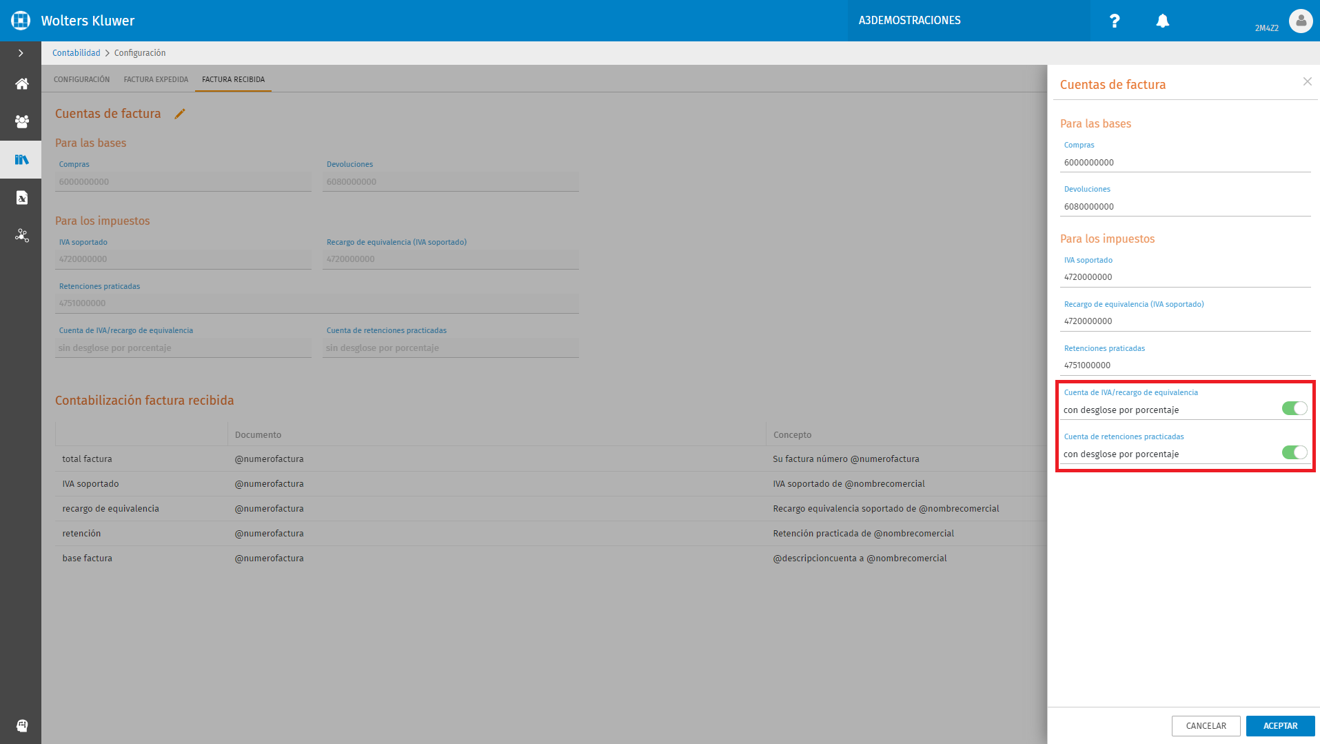 Configuracion Factura Recibida Cuentas