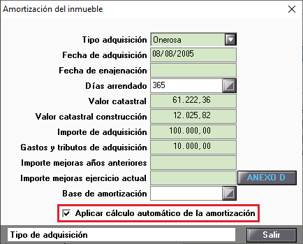 Amortizacion del inmueble marcar Aplicar calculo automatico de la amortizacion