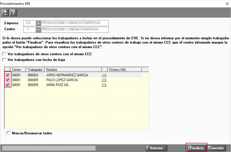 seleccion trabajadores a incluir en el fichero ERE