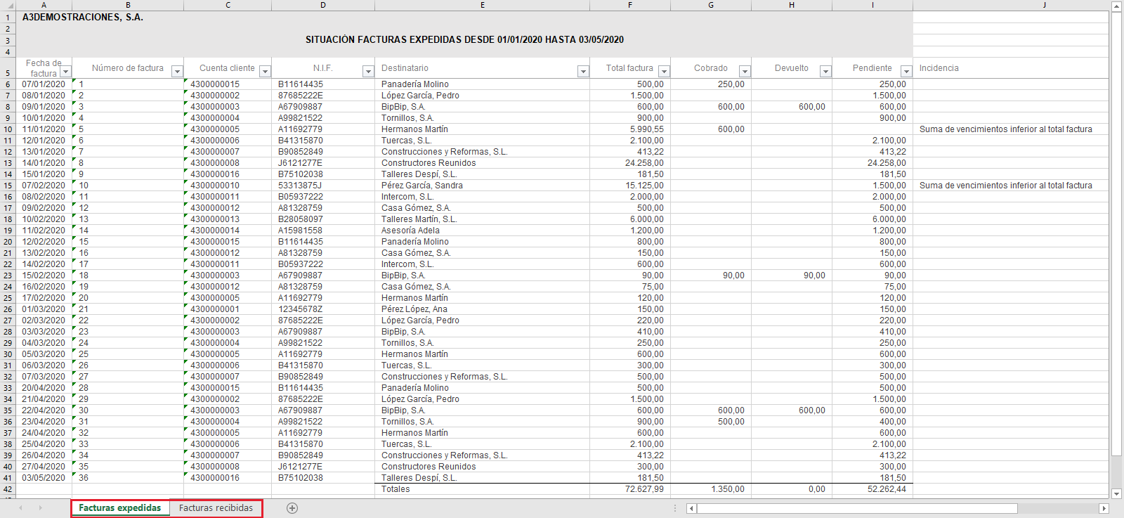 Informes Listados de cartera Situacion facturas Excel