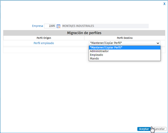 seleccionar perfil destino en empresa portal