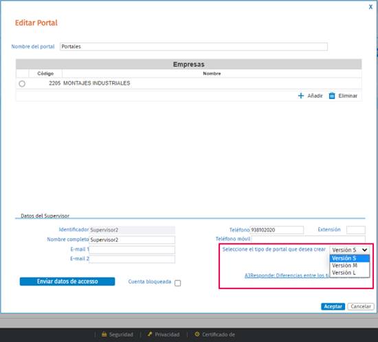 asociar la version de portal de empresa