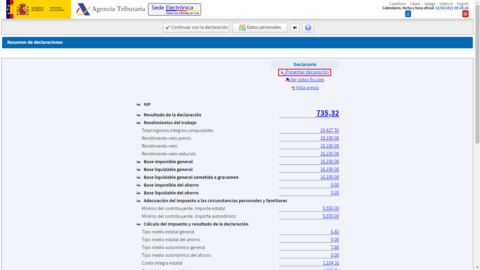 Presentacion Telematica con Numero de Referencia Web Presentar declaracion