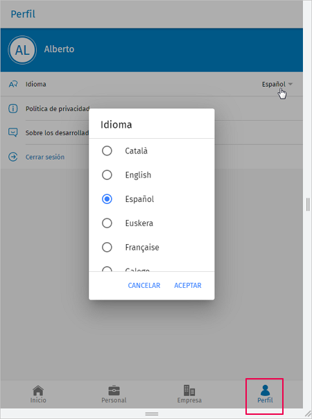 configuracion idioma portal empleado app