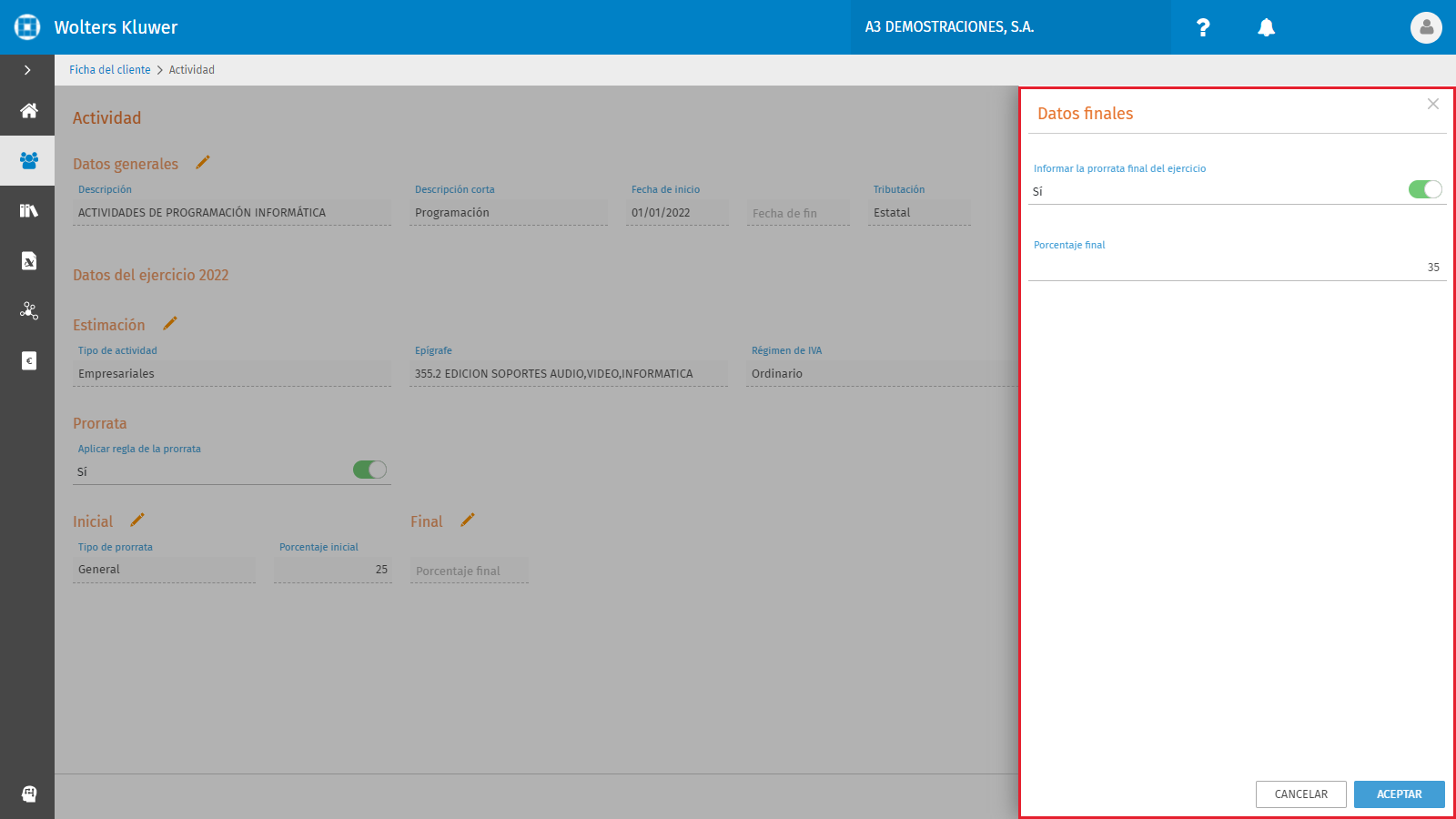 Ficha del cliente Actividad Prorrata Datos finales