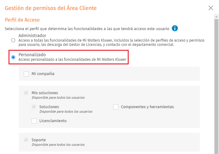 Gestion de permisos del Area Clientes Perfil Personalizado