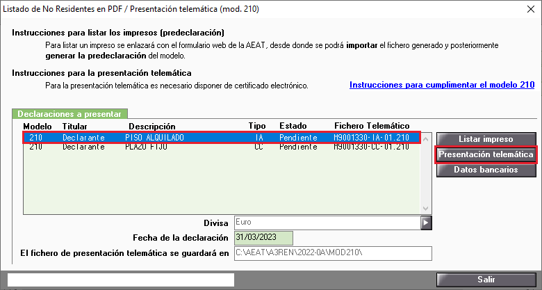 Listado de No Residentes en PDF Presentacion Telematica Modelo 210