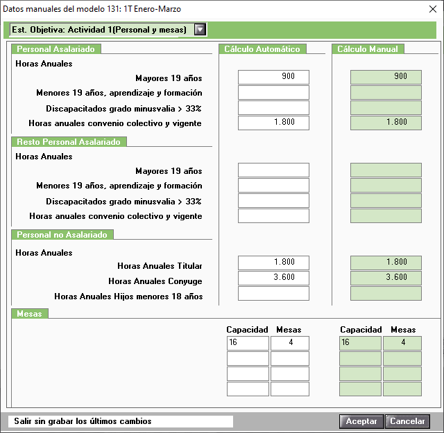 Modelo 131 Datos manuales Est Objetiva Actividad personal y mesas