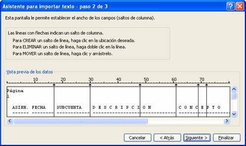 Asistente para importar texto paso 2 de 3
