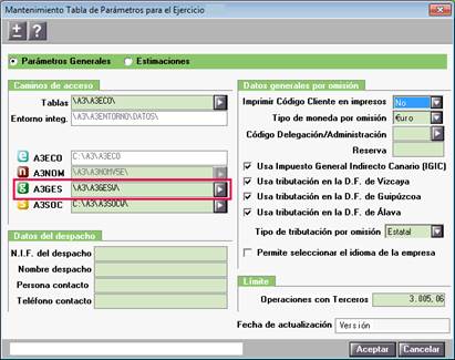 Parámetros generales de la Aplicación
