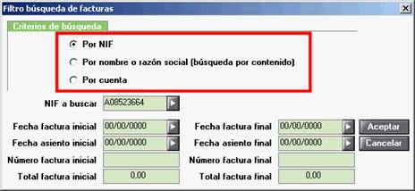 Criterios de Búsqueda del filtro de búsqueda de facturas