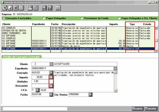 Entrada de datos de facturación